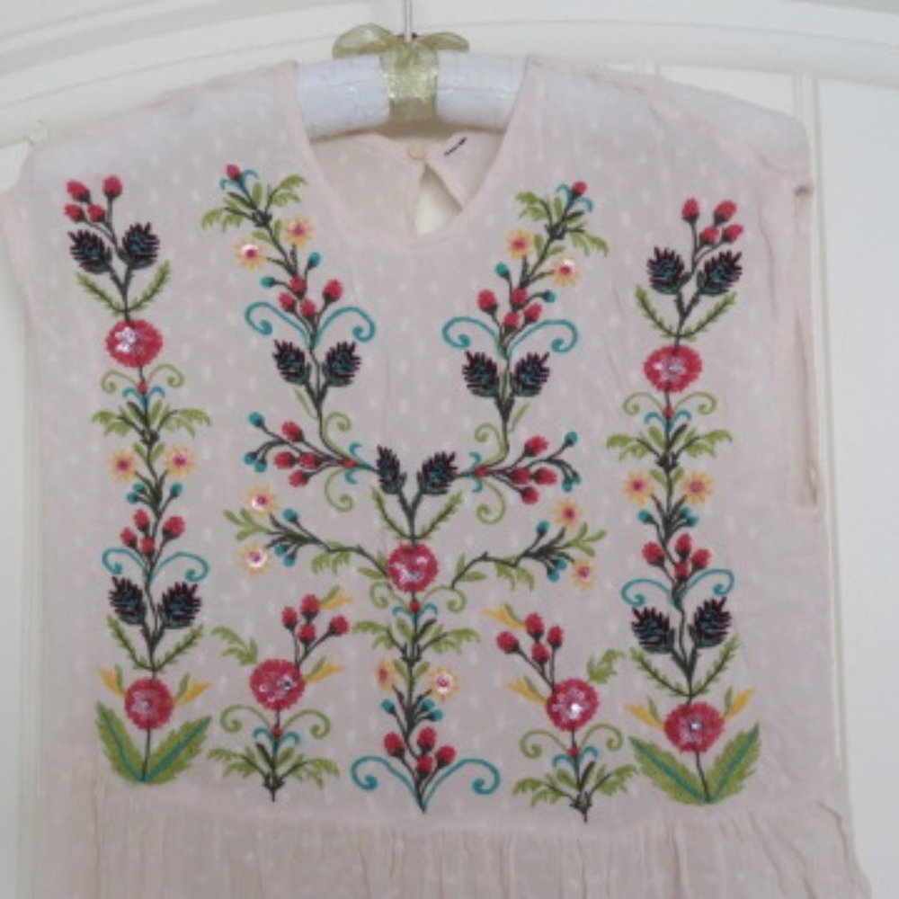 Sheer Embroidered Gauzy MAXI Dress Keyhole Back No Label XS/S (K319) - Picture 3 of 9